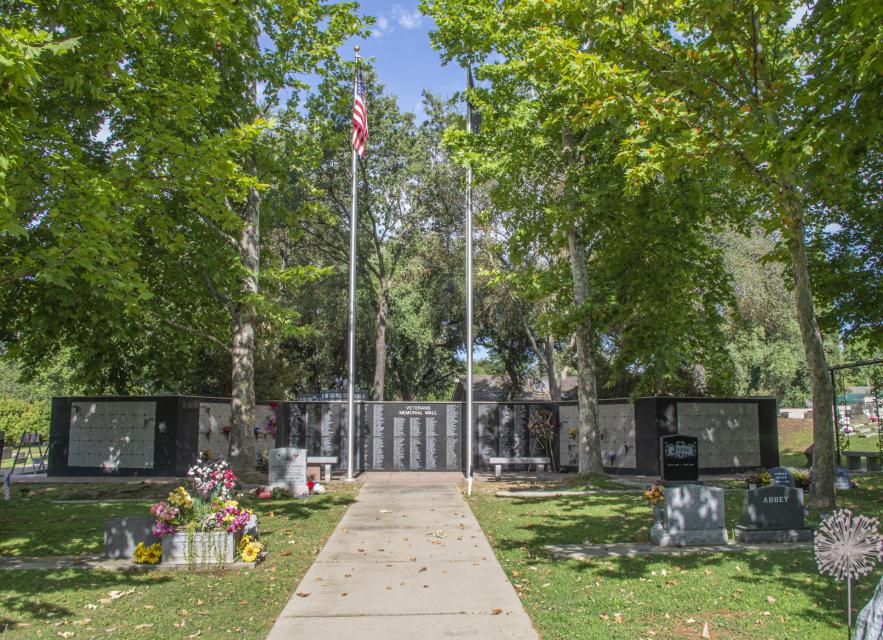 A photo of the veteran's memorial section at Fair Oaks Cemetery