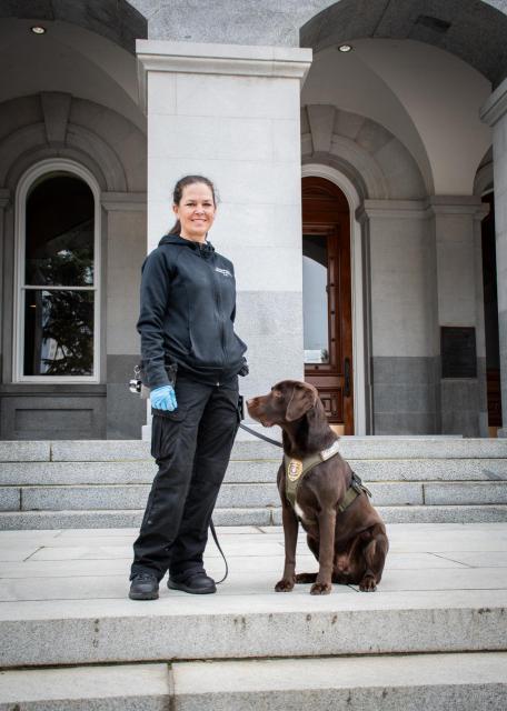 Michelle King and Kernul at the CA state capitol after their Ag Day 2025 detection demonstration.