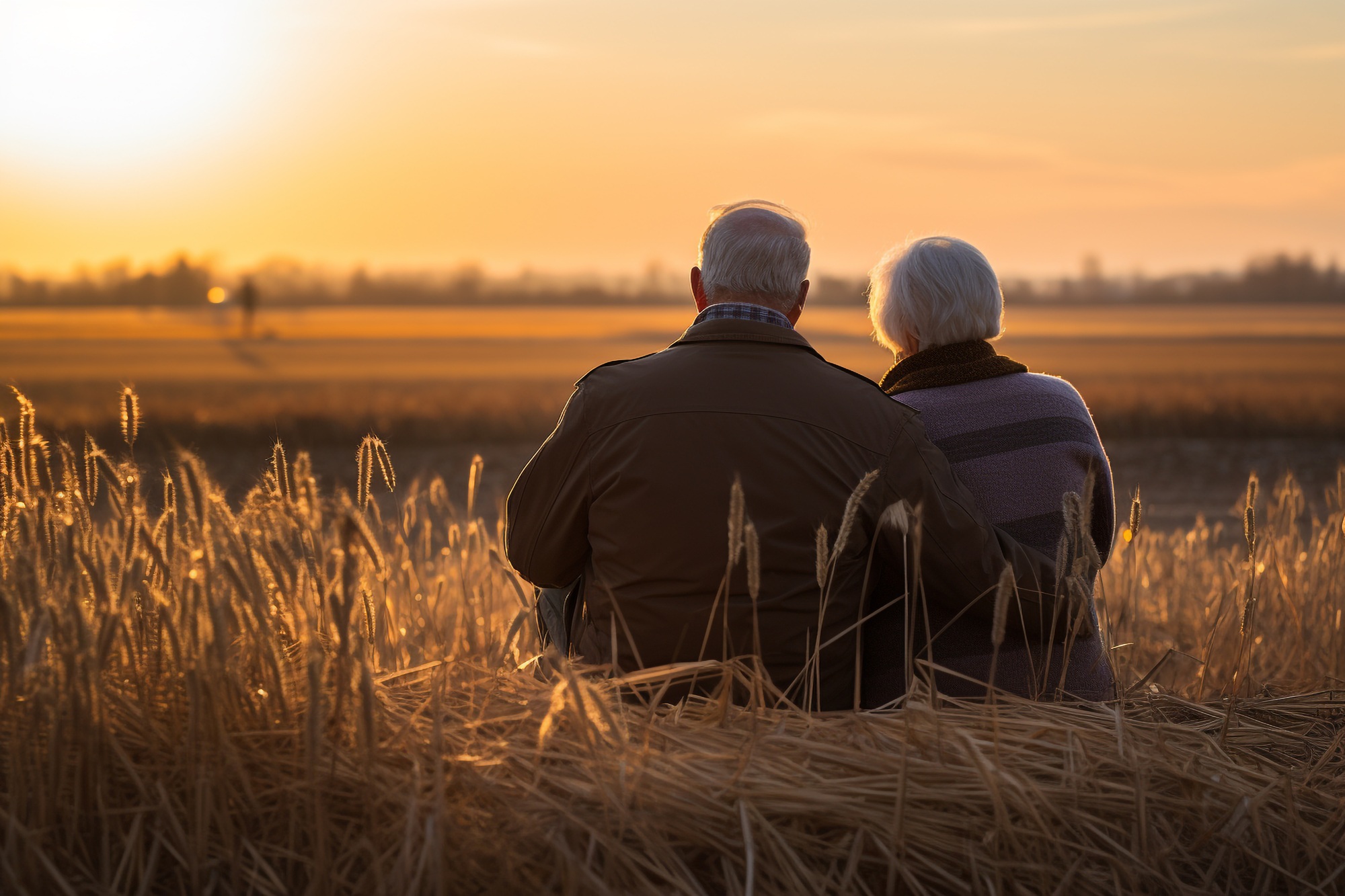 Elderly couple sits closely in a wheat field at sunset, facing the horizon. The golden light creates a warm, serene atmosphere, signifying peace.