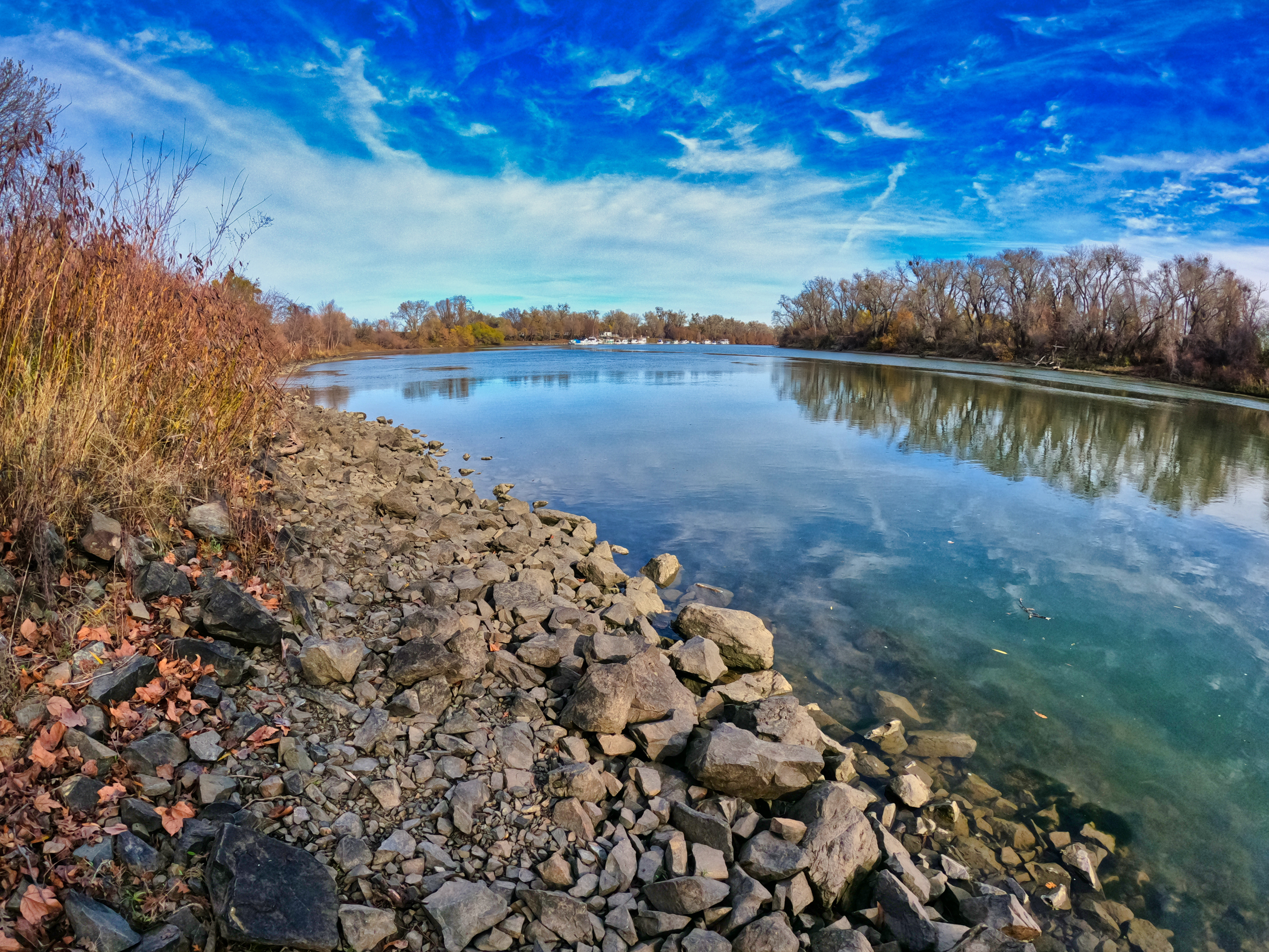 Rocky lakeshore under a vivid blue sky with wispy clouds. Calm water reflects the sky, bordered by leafless trees and autumn grasses on a peaceful day.